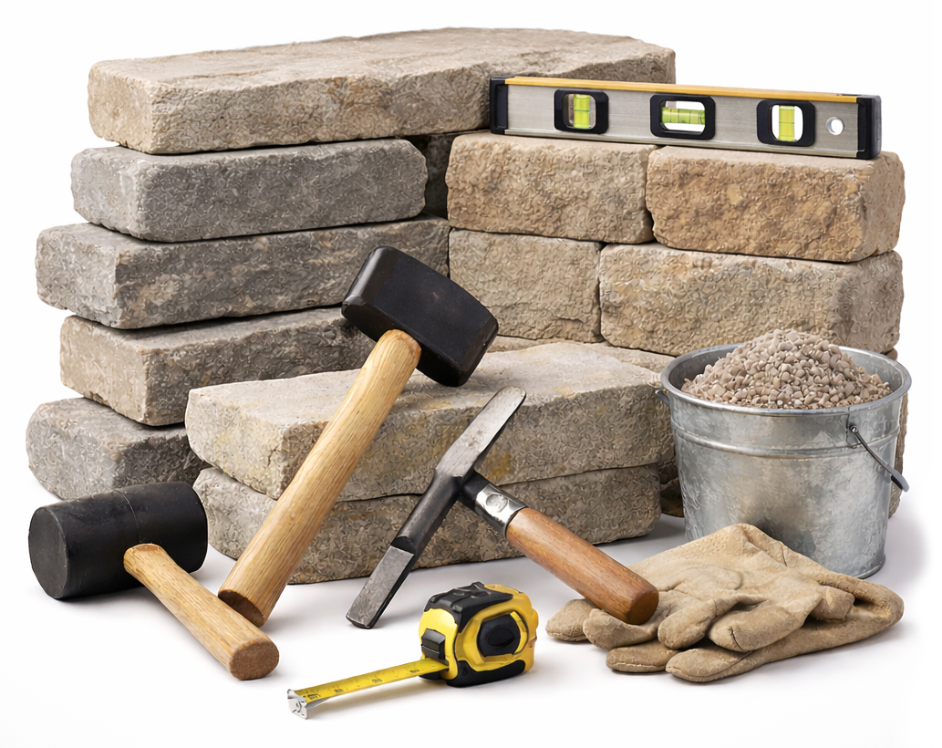 patching trowel and concrete blocks for outdoor landscaping projects