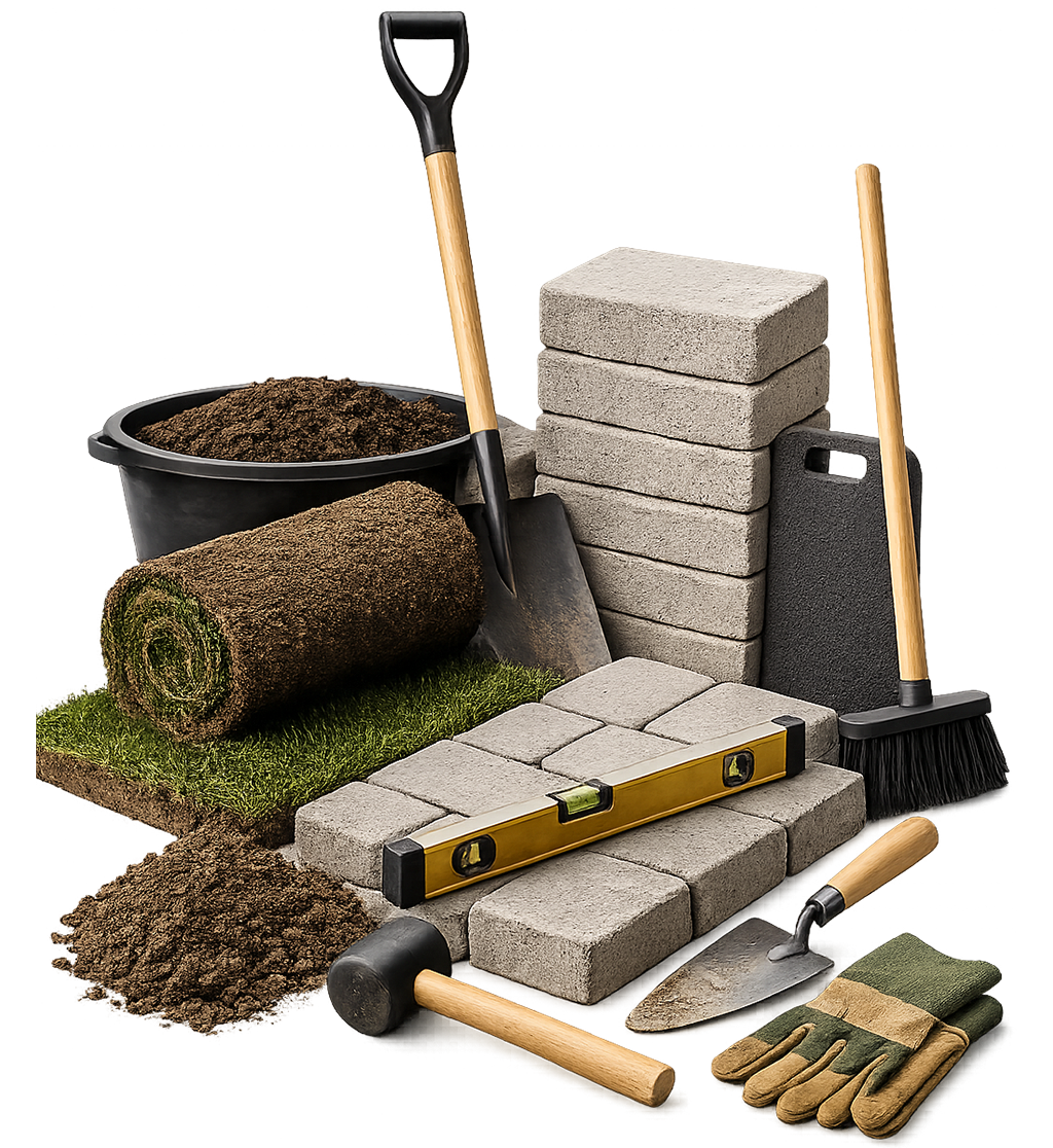 patching trowel and concrete blocks for outdoor landscaping projects
